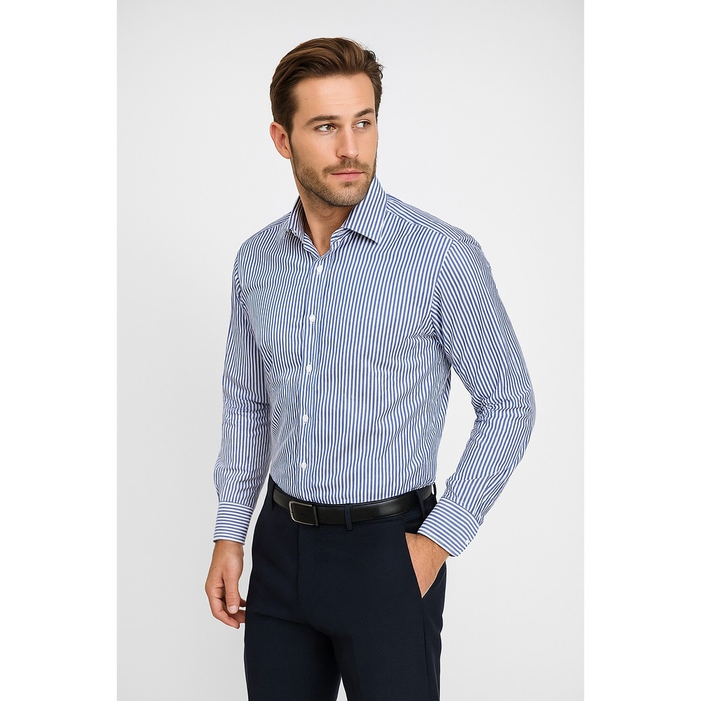 Canali Dress Shirt Men's Large Blue White Stripe Long Sleeve Italy‎ Made Luxury
